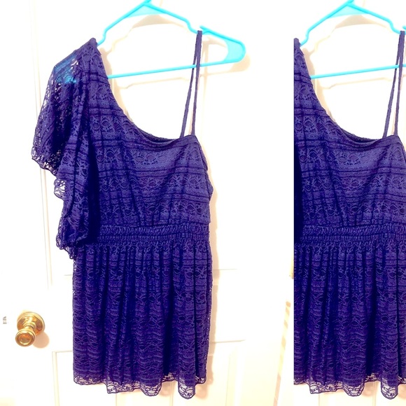 Juniors stretch purple lace mini dress beautiful lace ruffle on one shoulder - Picture 1 of 6